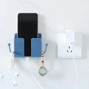1 Pc Wall Mount Mobile & Remote Holder – Multi-Purpose Storage Stand with Hooks (Adhesive, No Drilling)
