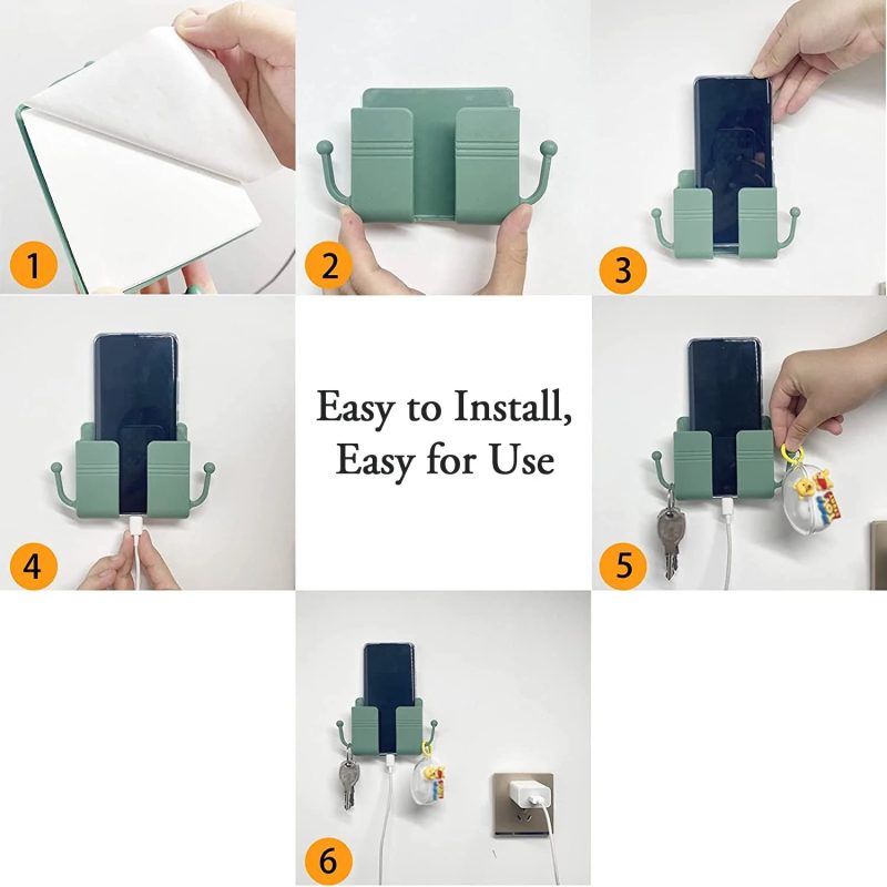 1 Pc Wall Mount Mobile & Remote Holder – Multi-Purpose Storage Stand with Hooks (Adhesive, No Drilling) - Image 3