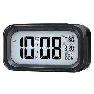 Digital LCD Alarm Clock with Backlight – Battery-Powered, Auto Light Sensor, Time & Temperature Display