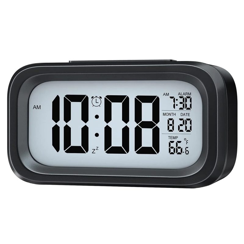 Digital LCD Alarm Clock with Backlight – Battery-Powered, Auto Light Sensor, Time & Temperature Display