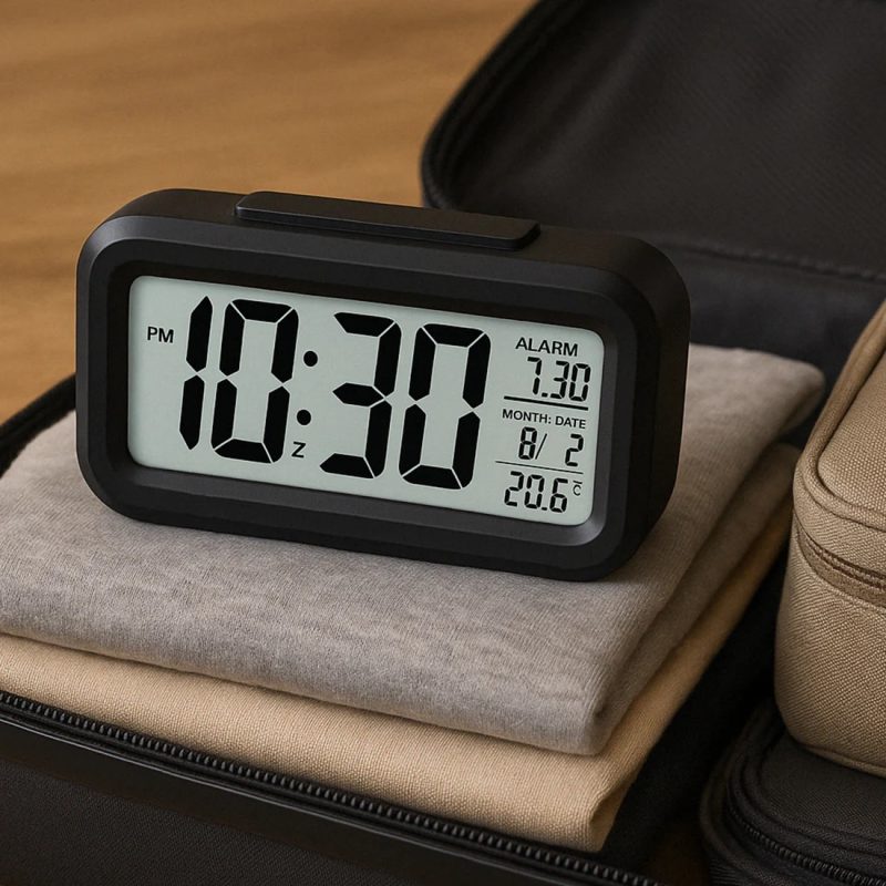 Digital LCD Alarm Clock with Backlight – Battery-Powered, Auto Light Sensor, Time & Temperature Display - Image 2
