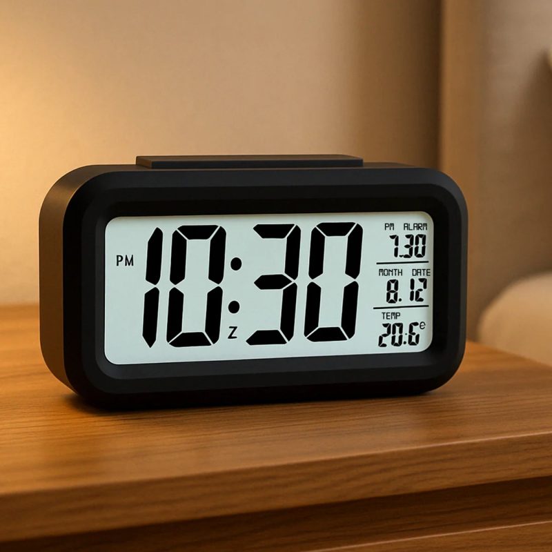 Digital LCD Alarm Clock with Backlight – Battery-Powered, Auto Light Sensor, Time & Temperature Display - Image 3