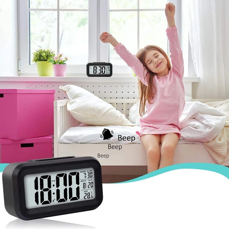 Digital LCD Alarm Clock with Backlight – Battery-Powered, Auto Light Sensor, Time & Temperature Display - Image 4