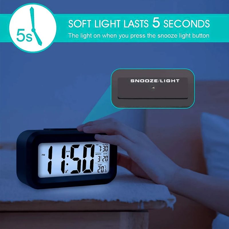 Digital LCD Alarm Clock with Backlight – Battery-Powered, Auto Light Sensor, Time & Temperature Display - Image 5