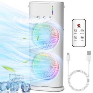 Air Cooler & Mobile Air Conditioner, Mini Portable AC with 2 LED Spray Fans, 3 Speeds, 1500mAh Battery, Humidifier Function for Home, Office, Bedroom, and Travel
