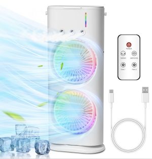 Air Cooler & Mobile Air Conditioner, Mini Portable AC with 2 LED Spray Fans, 3 Speeds, 1500mAh Battery, Humidifier Function for Home, Office, Bedroom, and Travel