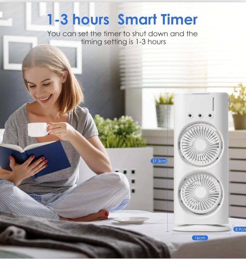 Air Cooler & Mobile Air Conditioner, Mini Portable AC with 2 LED Spray Fans, 3 Speeds, 1500mAh Battery, Humidifier Function for Home, Office, Bedroom, and Travel - Image 2