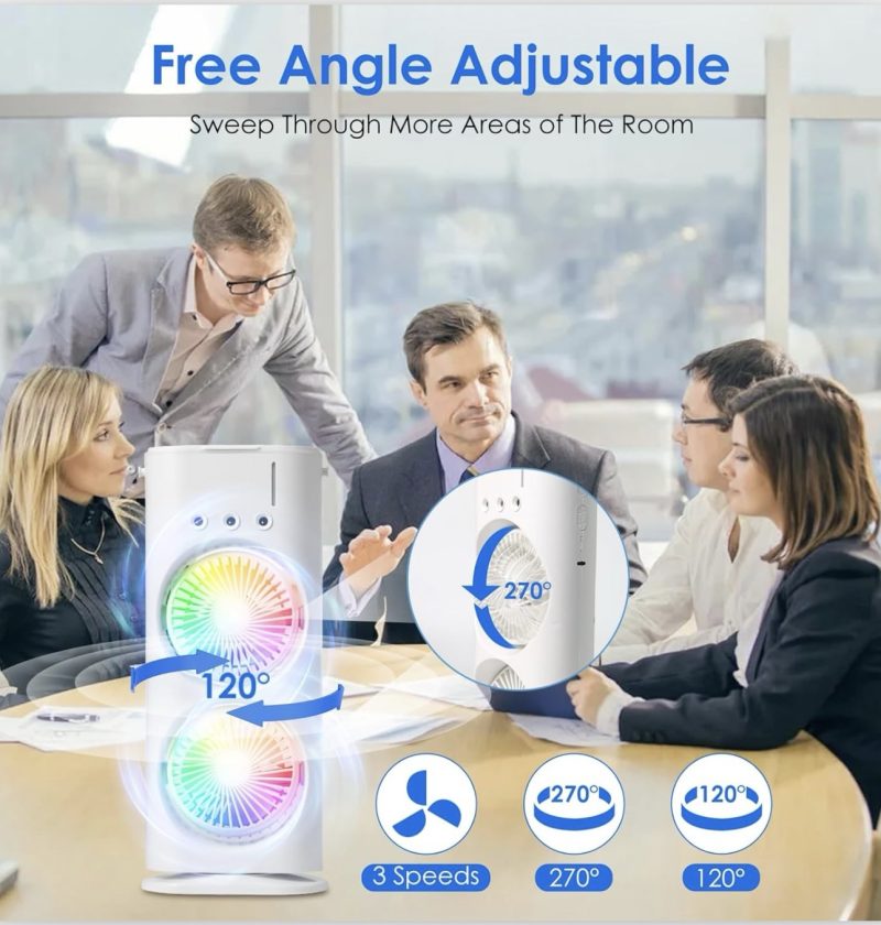 Air Cooler & Mobile Air Conditioner, Mini Portable AC with 2 LED Spray Fans, 3 Speeds, 1500mAh Battery, Humidifier Function for Home, Office, Bedroom, and Travel - Image 4