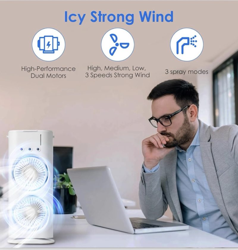 Air Cooler & Mobile Air Conditioner, Mini Portable AC with 2 LED Spray Fans, 3 Speeds, 1500mAh Battery, Humidifier Function for Home, Office, Bedroom, and Travel - Image 3