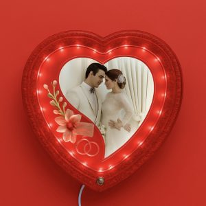Heart-Shaped LED Wedding Photo Frame | Glowing Red Decorative Picture Frame With Floral Design & Rings | 4x6 Inch Couple Photo Frame | Romantic Gift For Anniversary