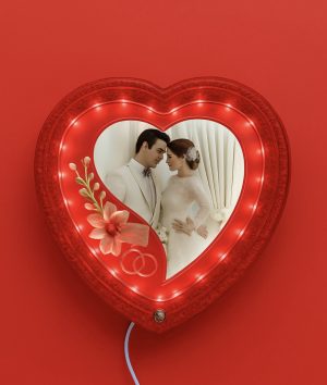 Heart-Shaped LED Wedding Photo Frame | Glowing Red Decorative Picture Frame With Floral Design & Rings | 4x6 Inch Couple Photo Frame | Romantic Gift For Anniversary