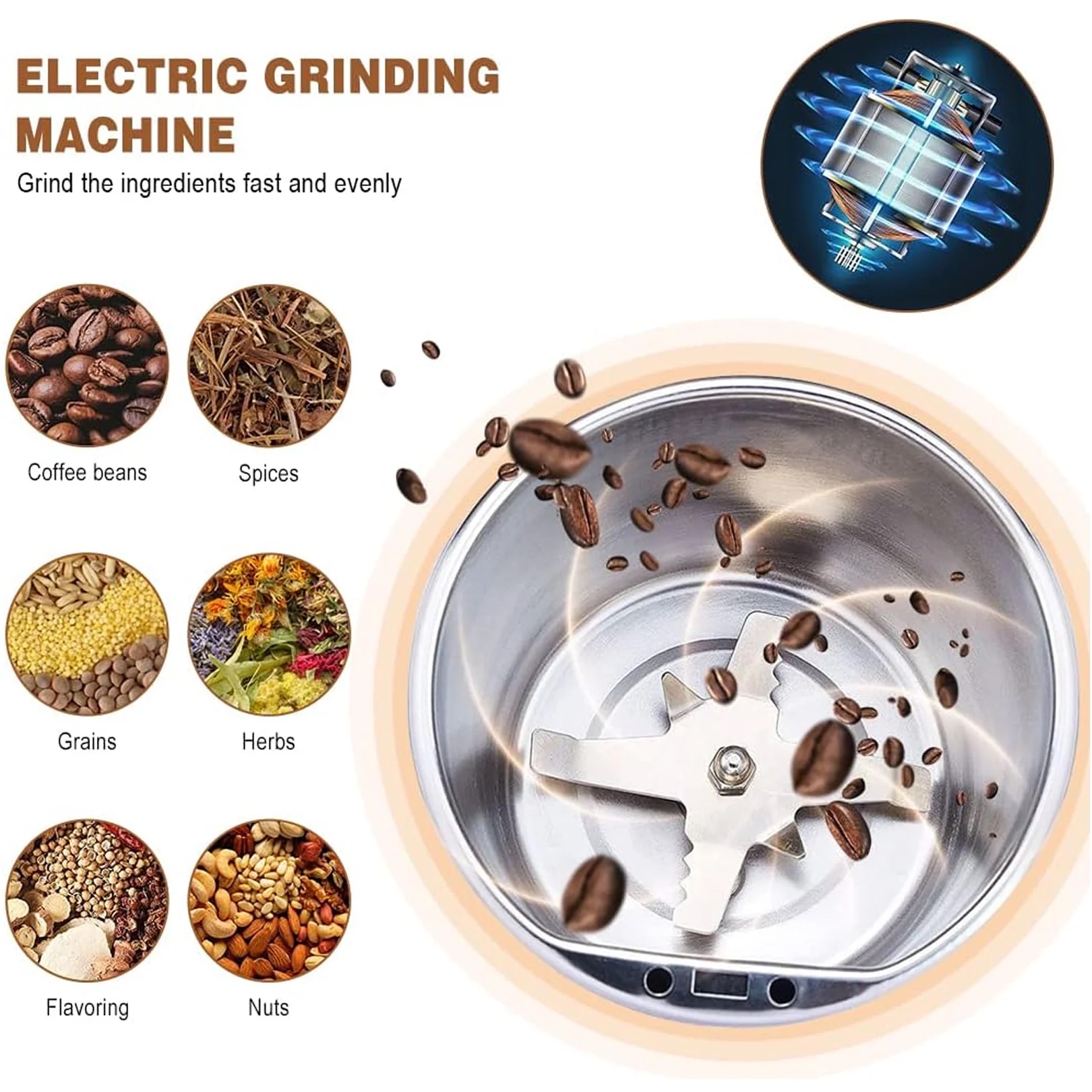 Electric Coffee & Spice Grinder 200W, 4-Blade Mill for Dry Masala, Spices, Nuts & Herbs | Stainless Steel Body, Push-Button Control for Home Kitchen - Image 3