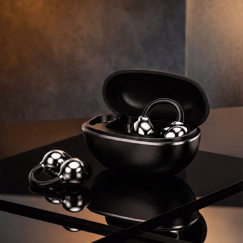 Air Clips earbuds, Open-ear wireless earbuds, Open-ear headphones, Pearl Black earbuds, Clip-on earbuds, Wireless ear clips,
