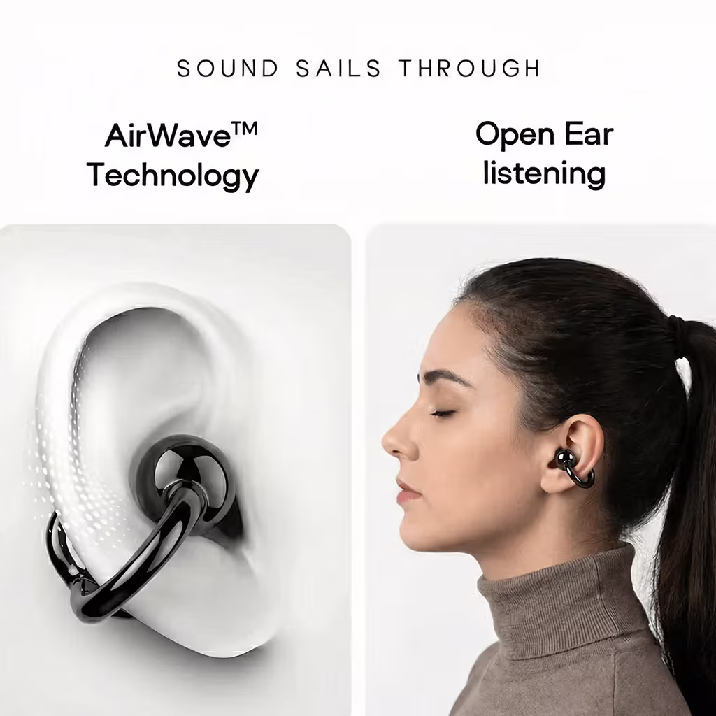 Air Clips earbuds, Open-ear wireless earbuds, Open-ear headphones, Pearl Black earbuds, Clip-on earbuds, Wireless ear clips,