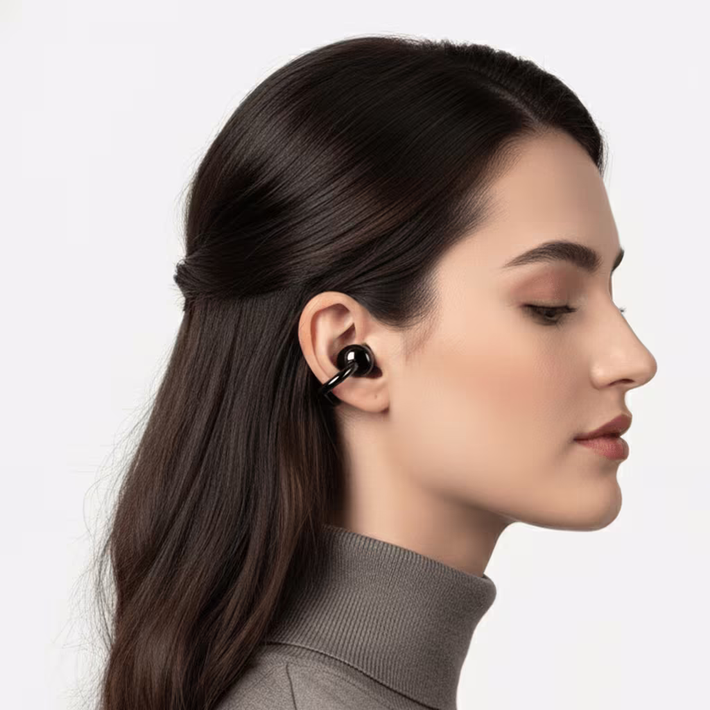 Air Clips earbuds, Open-ear wireless earbuds, Open-ear headphones, Pearl Black earbuds, Clip-on earbuds, Wireless ear clips,