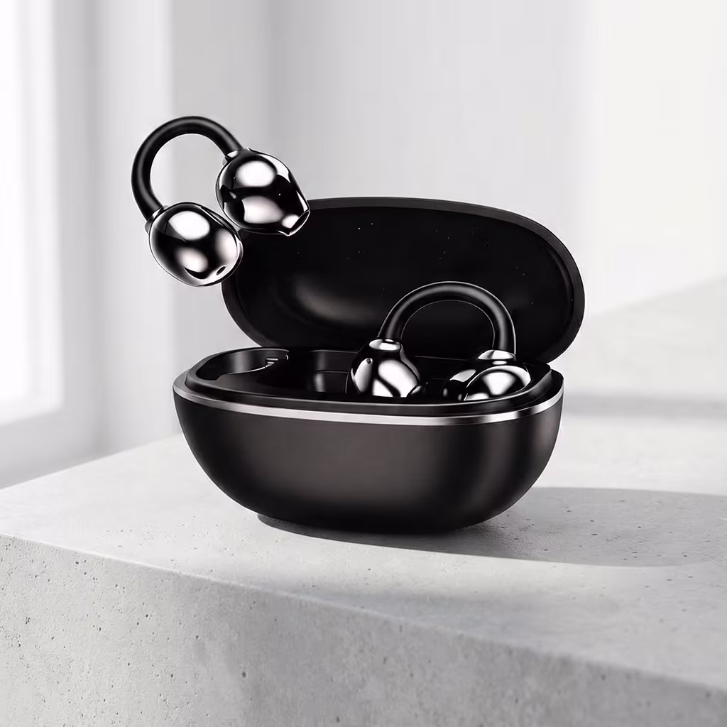 Air Clips earbuds, Open-ear wireless earbuds, Open-ear headphones, Pearl Black earbuds, Clip-on earbuds, Wireless ear clips,