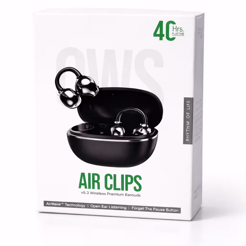 Air Clips earbuds, Open-ear wireless earbuds, Open-ear headphones, Pearl Black earbuds, Clip-on earbuds, Wireless ear clips,