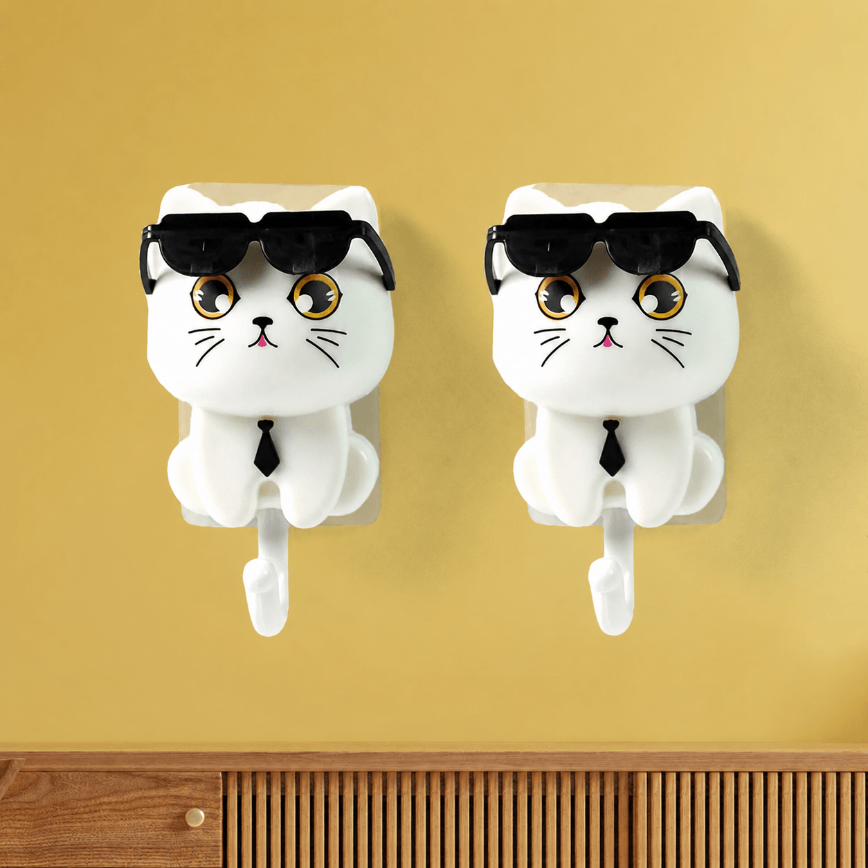 Cat Hook For Wall, Cute Cat Key Hook With Sunglasses (2 Pc)